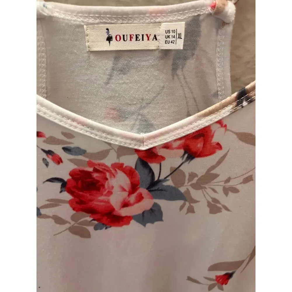 Boho Floral Romper XL Cream Pink Coquette Sleeveless Pocket Cottagecore Spring - Picture 4 of 8